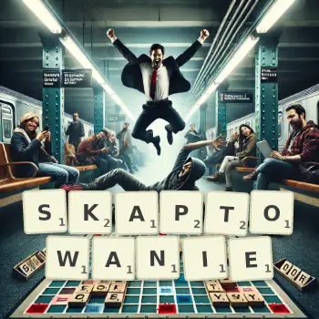 Kreatywna ilustracja do gry w Scrabble ze słowem SKAPTOWANIE ułożonym z płytek na planszy.