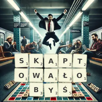 Kreatywna ilustracja do gry w Scrabble ze słowem SKAPTOWAŁOBYŚ ułożonym z płytek na planszy.