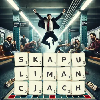 Kreatywna ilustracja do gry w Scrabble ze słowem SKAPULIMANCJACH ułożonym z płytek na planszy.