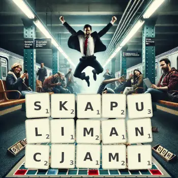 Kreatywna ilustracja do gry w Scrabble ze słowem SKAPULIMANCJAMI ułożonym z płytek na planszy.