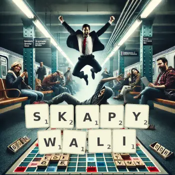 Kreatywna ilustracja do gry w Scrabble ze słowem SKAPYWALI ułożonym z płytek na planszy.