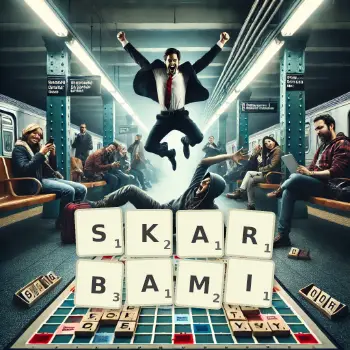 Kreatywna ilustracja do gry w Scrabble ze słowem SKARBAMI ułożonym z płytek na planszy.