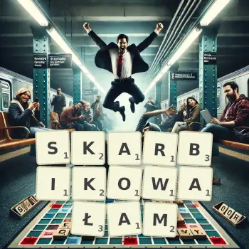 Kreatywna ilustracja do gry w Scrabble ze słowem SKARBIKOWAŁAM ułożonym z płytek na planszy.