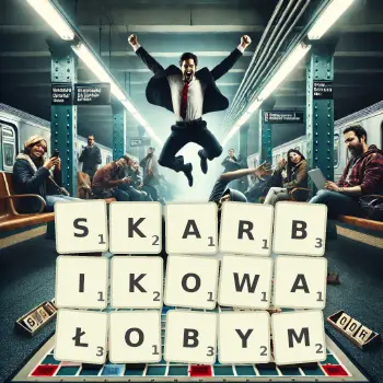 Kreatywna ilustracja do gry w Scrabble ze słowem SKARBIKOWAŁOBYM ułożonym z płytek na planszy.