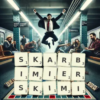 Kreatywna ilustracja do gry w Scrabble ze słowem SKARBIMIERSKIMI ułożonym z płytek na planszy.