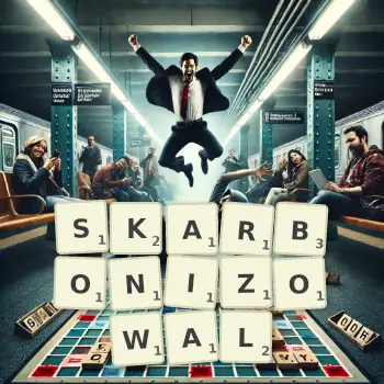 Kreatywna ilustracja do gry w Scrabble ze słowem SKARBONIZOWAL ułożonym z płytek na planszy.