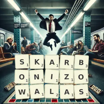Kreatywna ilustracja do gry w Scrabble ze słowem SKARBONIZOWALAS ułożonym z płytek na planszy.