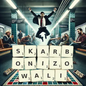 Kreatywna ilustracja do gry w Scrabble ze słowem SKARBONIZOWALI ułożonym z płytek na planszy.