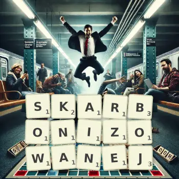 Kreatywna ilustracja do gry w Scrabble ze słowem SKARBONIZOWANEJ ułożonym z płytek na planszy.