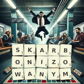 Kreatywna ilustracja do gry w Scrabble ze słowem SKARBONIZOWANYM ułożonym z płytek na planszy.