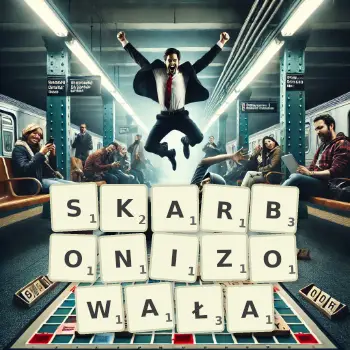 Kreatywna ilustracja do gry w Scrabble ze słowem SKARBONIZOWAŁA ułożonym z płytek na planszy.