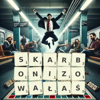 Kreatywna ilustracja do gry w Scrabble ze słowem SKARBONIZOWAŁAŚ ułożonym z płytek na planszy.