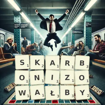 Kreatywna ilustracja do gry w Scrabble ze słowem SKARBONIZOWAŁBY ułożonym z płytek na planszy.