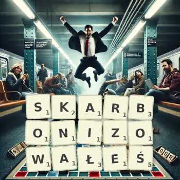 Kreatywna ilustracja do gry w Scrabble ze słowem SKARBONIZOWAŁEŚ ułożonym z płytek na planszy.