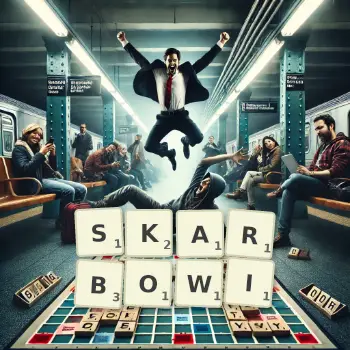 Kreatywna ilustracja do gry w Scrabble ze słowem SKARBOWI ułożonym z płytek na planszy.