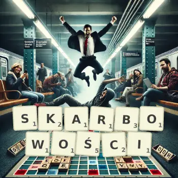 Kreatywna ilustracja do gry w Scrabble ze słowem SKARBOWOŚCI ułożonym z płytek na planszy.