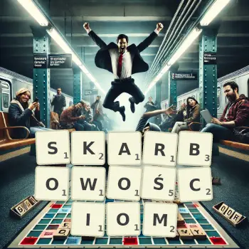 Kreatywna ilustracja do gry w Scrabble ze słowem SKARBOWOŚCIOM ułożonym z płytek na planszy.