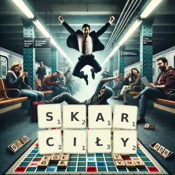 Kreatywna ilustracja do gry w Scrabble ze słowem SKARCIŁY ułożonym z płytek na planszy.