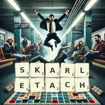 Kreatywna ilustracja do gry w Scrabble ze słowem SKARLETACH ułożonym z płytek na planszy.