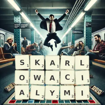 Kreatywna ilustracja do gry w Scrabble ze słowem SKARLOWACIALYMI ułożonym z płytek na planszy.