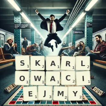 Kreatywna ilustracja do gry w Scrabble ze słowem SKARLOWACIEJMY ułożonym z płytek na planszy.