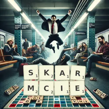 Kreatywna ilustracja do gry w Scrabble ze słowem SKARMCIE ułożonym z płytek na planszy.