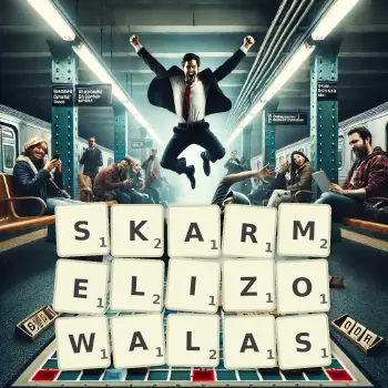 Kreatywna ilustracja do gry w Scrabble ze słowem SKARMELIZOWALAS ułożonym z płytek na planszy.