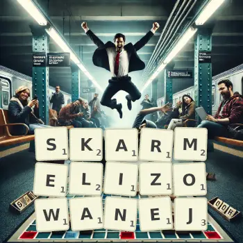 Kreatywna ilustracja do gry w Scrabble ze słowem SKARMELIZOWANEJ ułożonym z płytek na planszy.