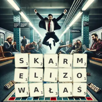 Kreatywna ilustracja do gry w Scrabble ze słowem SKARMELIZOWAŁAŚ ułożonym z płytek na planszy.