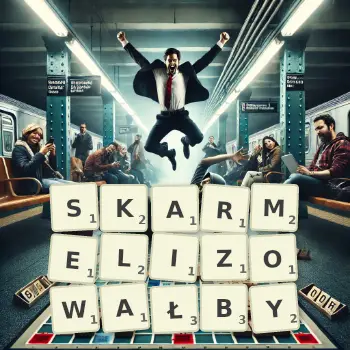 Kreatywna ilustracja do gry w Scrabble ze słowem SKARMELIZOWAŁBY ułożonym z płytek na planszy.