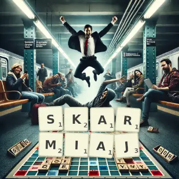 Kreatywna ilustracja do gry w Scrabble ze słowem SKARMIAJ ułożonym z płytek na planszy.