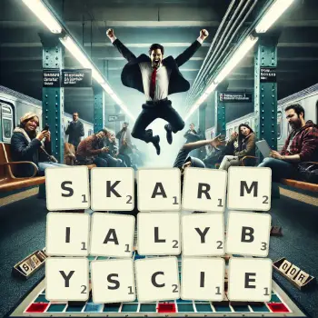Kreatywna ilustracja do gry w Scrabble ze słowem SKARMIALYBYSCIE ułożonym z płytek na planszy.