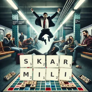 Kreatywna ilustracja do gry w Scrabble ze słowem SKARMILI ułożonym z płytek na planszy.