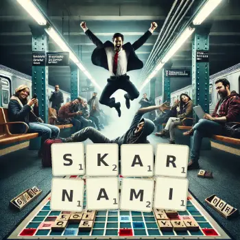 Kreatywna ilustracja do gry w Scrabble ze słowem SKARNAMI ułożonym z płytek na planszy.