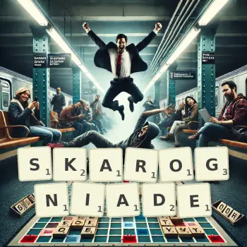 Kreatywna ilustracja do gry w Scrabble ze słowem SKAROGNIADE ułożonym z płytek na planszy.