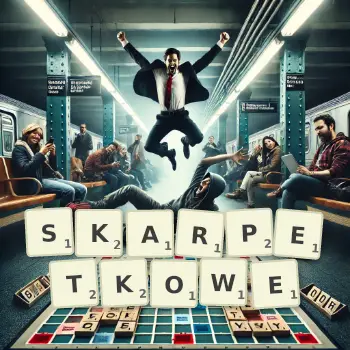 Kreatywna ilustracja do gry w Scrabble ze słowem SKARPETKOWE ułożonym z płytek na planszy.