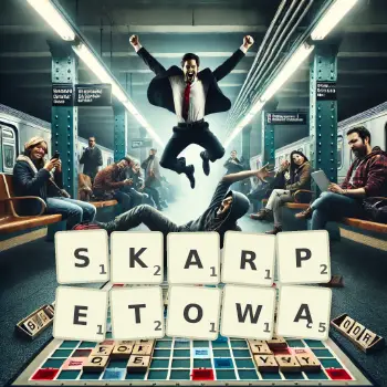 Kreatywna ilustracja do gry w Scrabble ze słowem SKARPETOWĄ ułożonym z płytek na planszy.