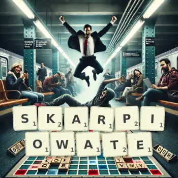 Kreatywna ilustracja do gry w Scrabble ze słowem SKARPIOWATE ułożonym z płytek na planszy.