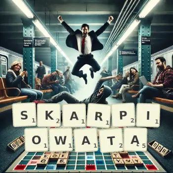 Kreatywna ilustracja do gry w Scrabble ze słowem SKARPIOWATĄ ułożonym z płytek na planszy.