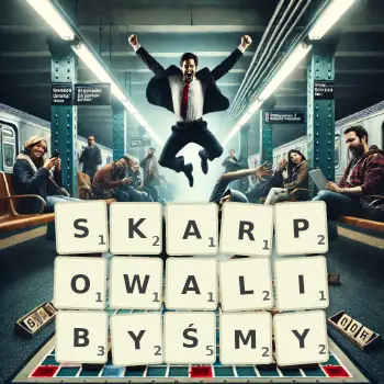 Kreatywna ilustracja do gry w Scrabble ze słowem SKARPOWALIBYŚMY ułożonym z płytek na planszy.