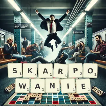 Kreatywna ilustracja do gry w Scrabble ze słowem SKARPOWANIE ułożonym z płytek na planszy.