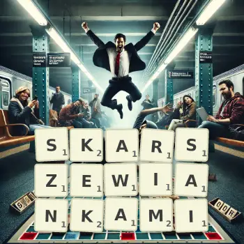 Kreatywna ilustracja do gry w Scrabble ze słowem SKARSZEWIANKAMI ułożonym z płytek na planszy.