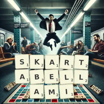 Kreatywna ilustracja do gry w Scrabble ze słowem SKARTABELLAMI ułożonym z płytek na planszy.