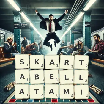 Kreatywna ilustracja do gry w Scrabble ze słowem SKARTABELLATAMI ułożonym z płytek na planszy.