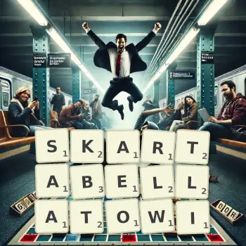 Kreatywna ilustracja do gry w Scrabble ze słowem SKARTABELLATOWI ułożonym z płytek na planszy.