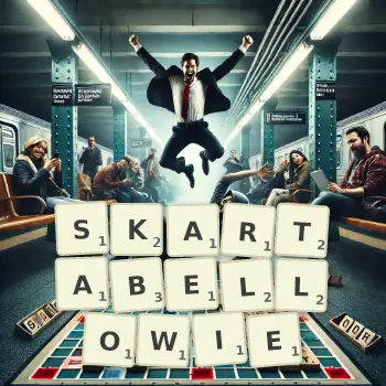 Kreatywna ilustracja do gry w Scrabble ze słowem SKARTABELLOWIE ułożonym z płytek na planszy.