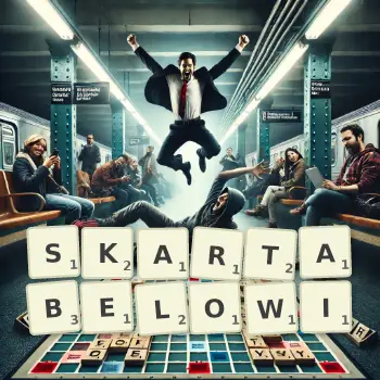 Kreatywna ilustracja do gry w Scrabble ze słowem SKARTABELOWI ułożonym z płytek na planszy.