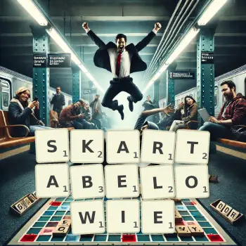 Kreatywna ilustracja do gry w Scrabble ze słowem SKARTABELOWIE ułożonym z płytek na planszy.