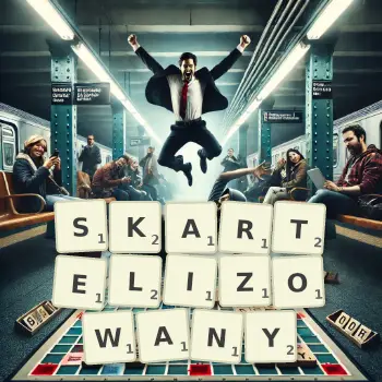 Kreatywna ilustracja do gry w Scrabble ze słowem SKARTELIZOWANY ułożonym z płytek na planszy.