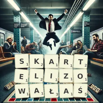 Kreatywna ilustracja do gry w Scrabble ze słowem SKARTELIZOWAŁAŚ ułożonym z płytek na planszy.